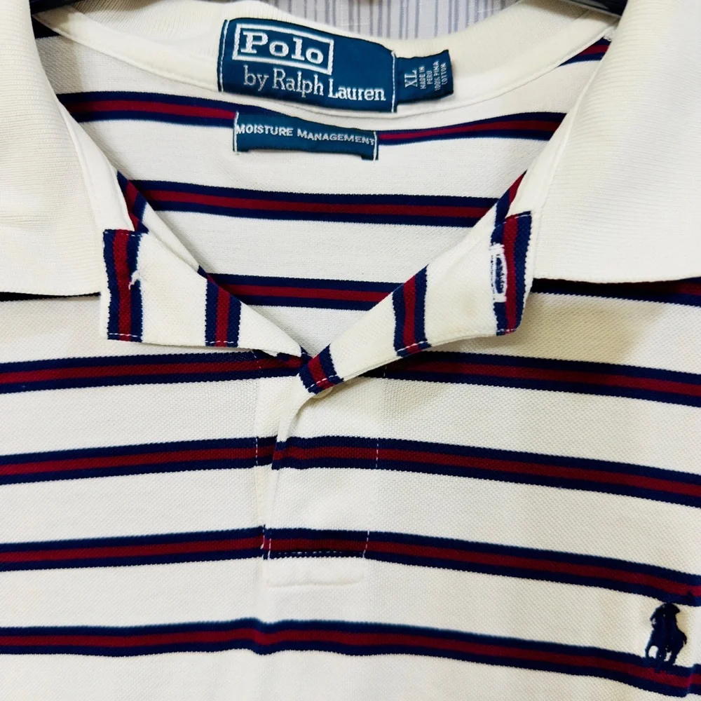 EUC Polo Ralph Lauren Men's Polo Shirt - White, Red and Black Stripes Size‎ XL